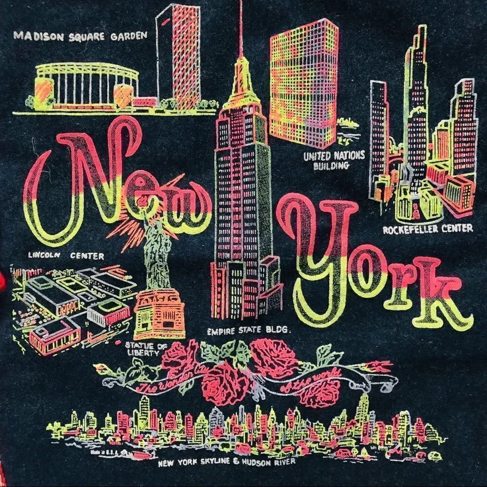 Authentic Vintage 1940s New York Neon Black Velvet Red Fringe Pillow Case Cover